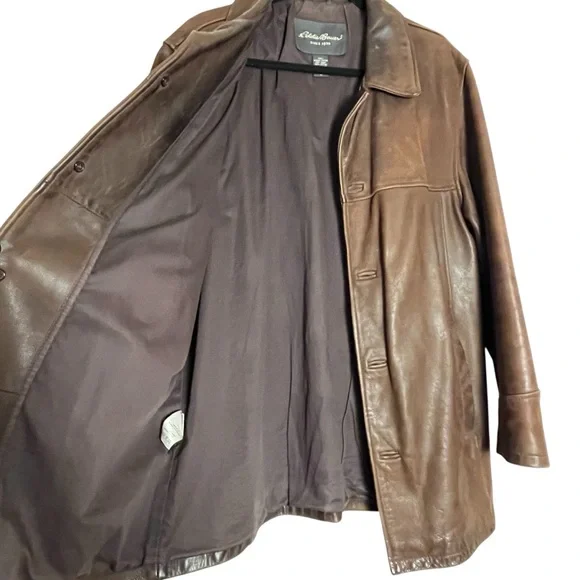 Vintage 90’s Eddie Bauer Men's Brown Oversized Leather Distressed Jacket — M - Picture 6 of 14
